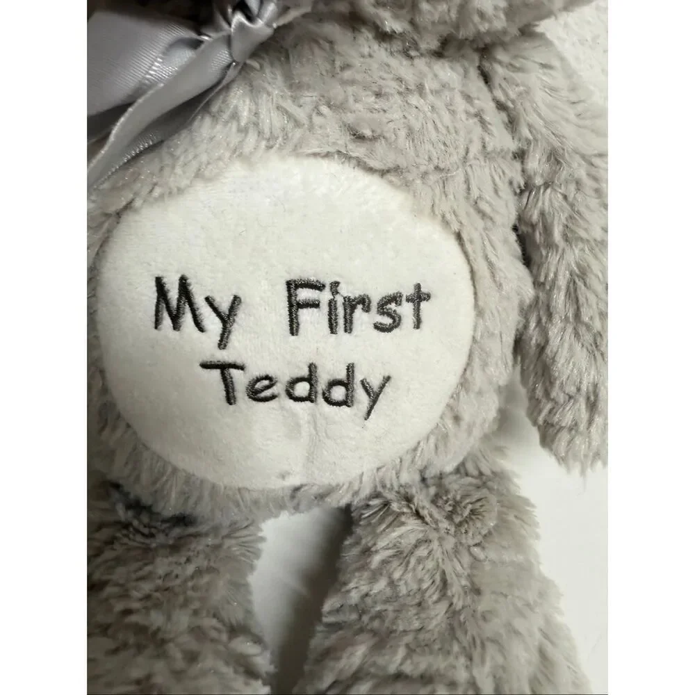 KellyToy My First Teddy Bear Plush Gray Rattle Teddy Bear Lovey 13”